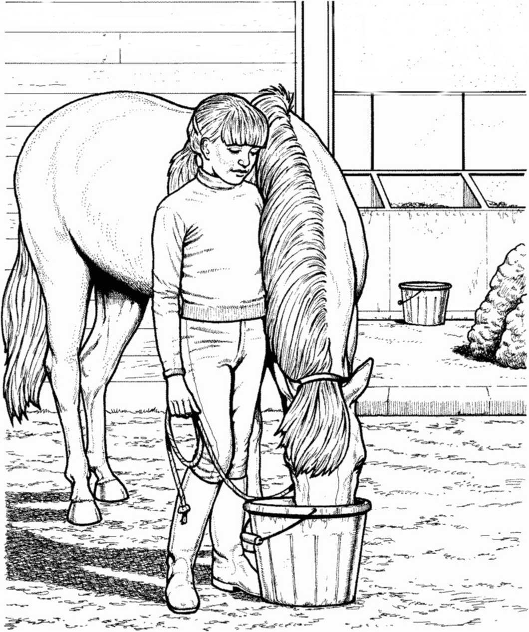 Ein Mädchen tänkt ihr Pferd Malvorlage
